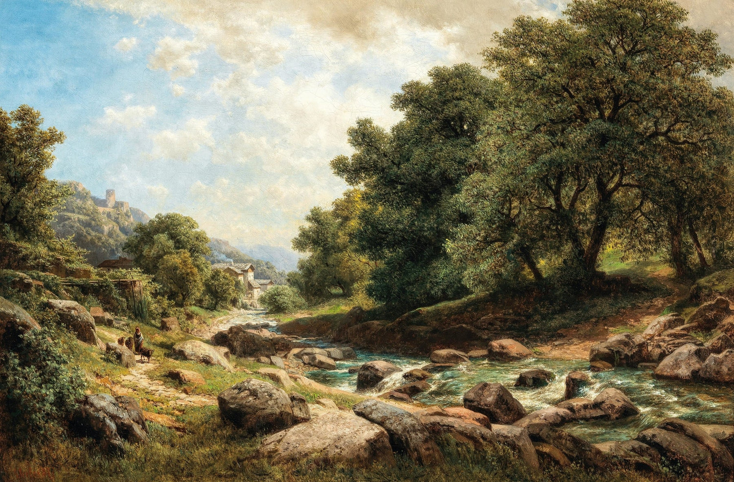 Hand painted landscape oil painting of a sunny forest river flowing past rocks with a village in the background, textured. - Add Frame, Canvas, Forest, Hand Painted, Landscape, Made To Order, Oil Painting, River, Village