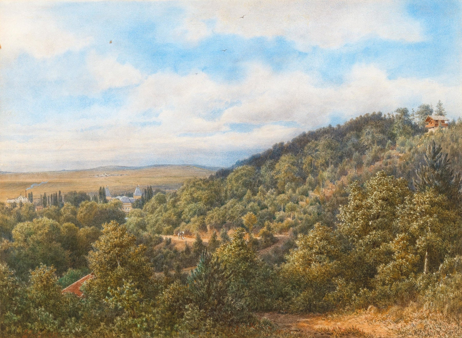 Hand painted landscape oil painting showing a sunny hillside with textured brushwork, overlooking a village and forest under . - Add Frame, Canvas, Country, Forest, Hand Painted, Landscape, Made To Order, Mountain, Oil Painting, Village