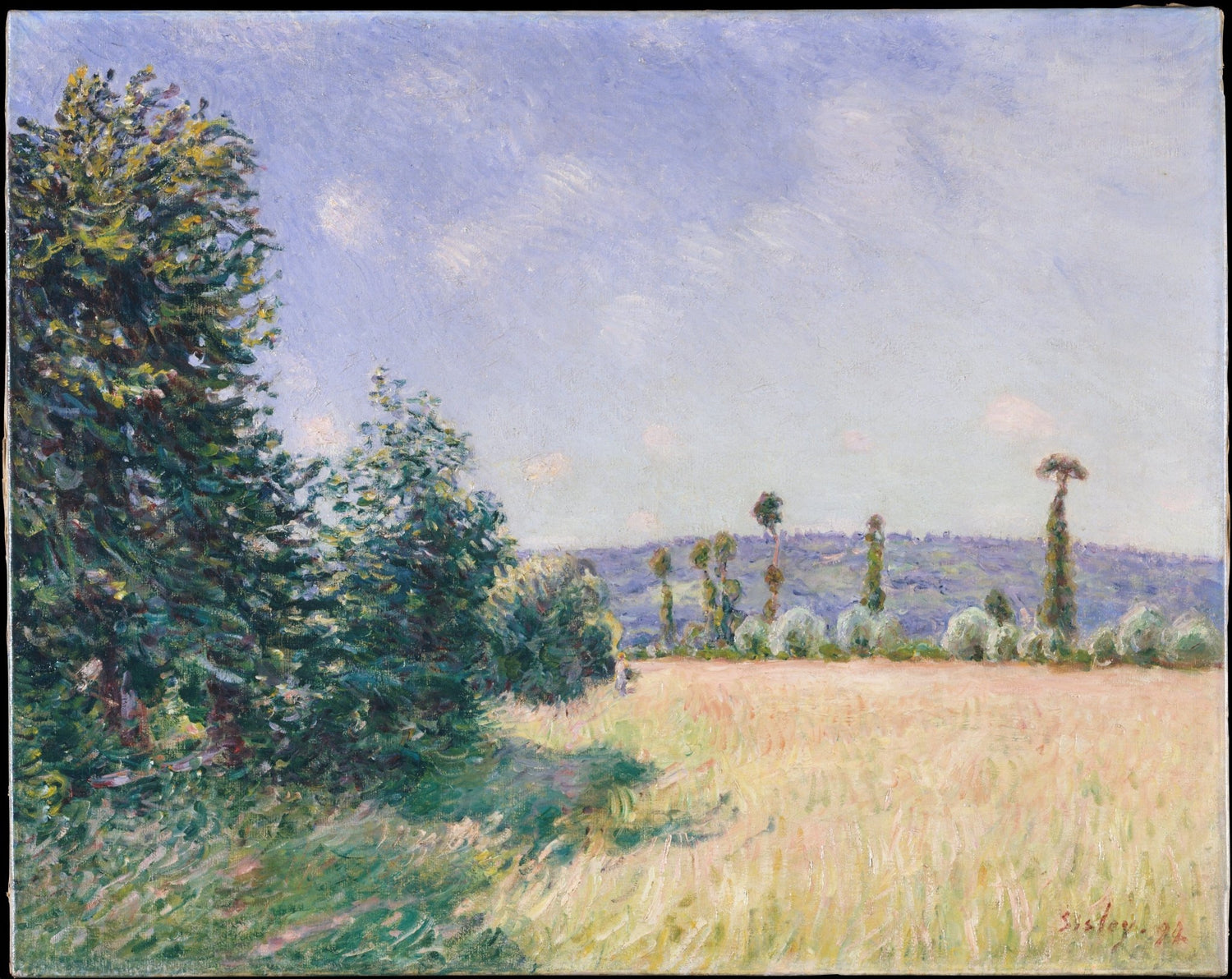 Hand painted oil on canvas landscape oil painting showing a sunny meadow with green trees on the left and a textured country . - Add Frame, Canvas, Country, Field, Forest, Hand Painted, Landscape, Made To Order, Oil Painting, Road