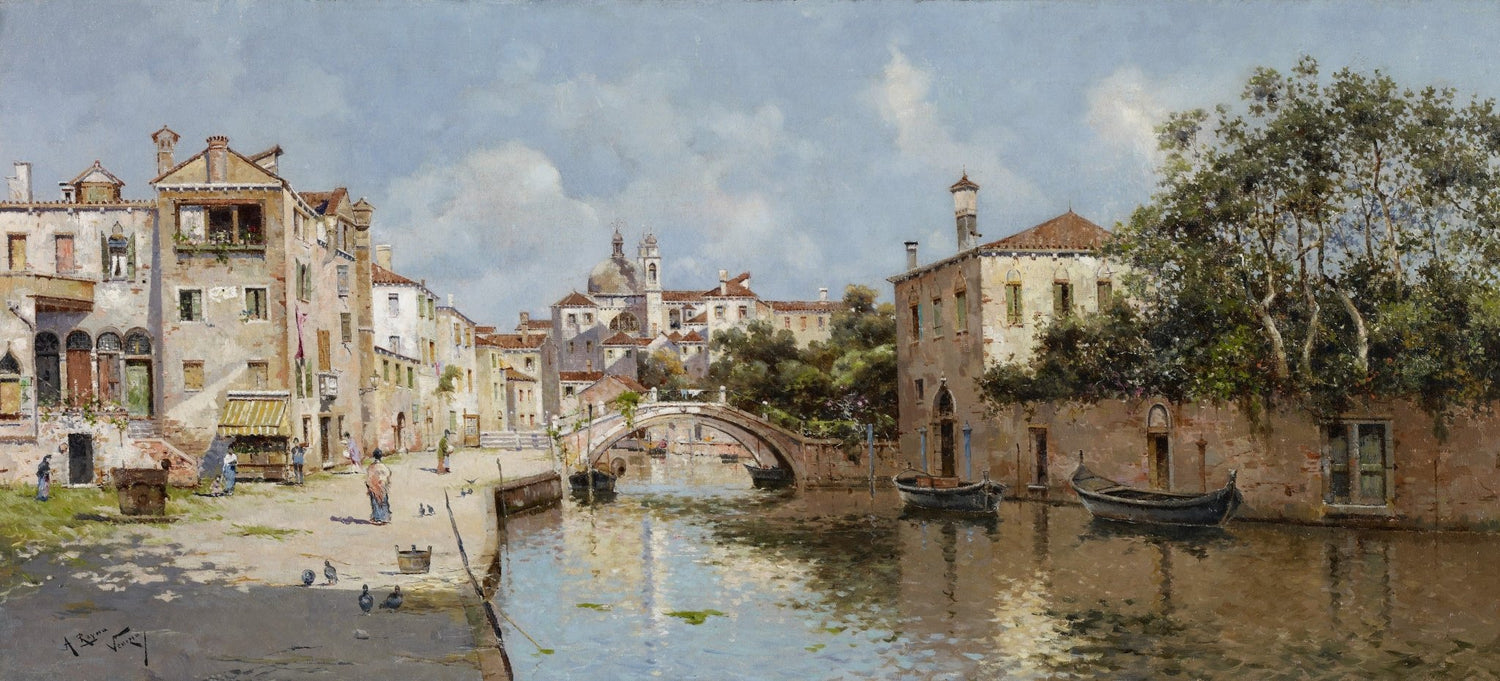 Hand painted landscape oil painting of sunny Venetian canal with stone bridge, boats, and textured brushwork on canvas. - Add Frame, Architecture, Boat, Canal, Canvas, Hand Painted, Landscape, Made To Order, Oil Painting, Venice