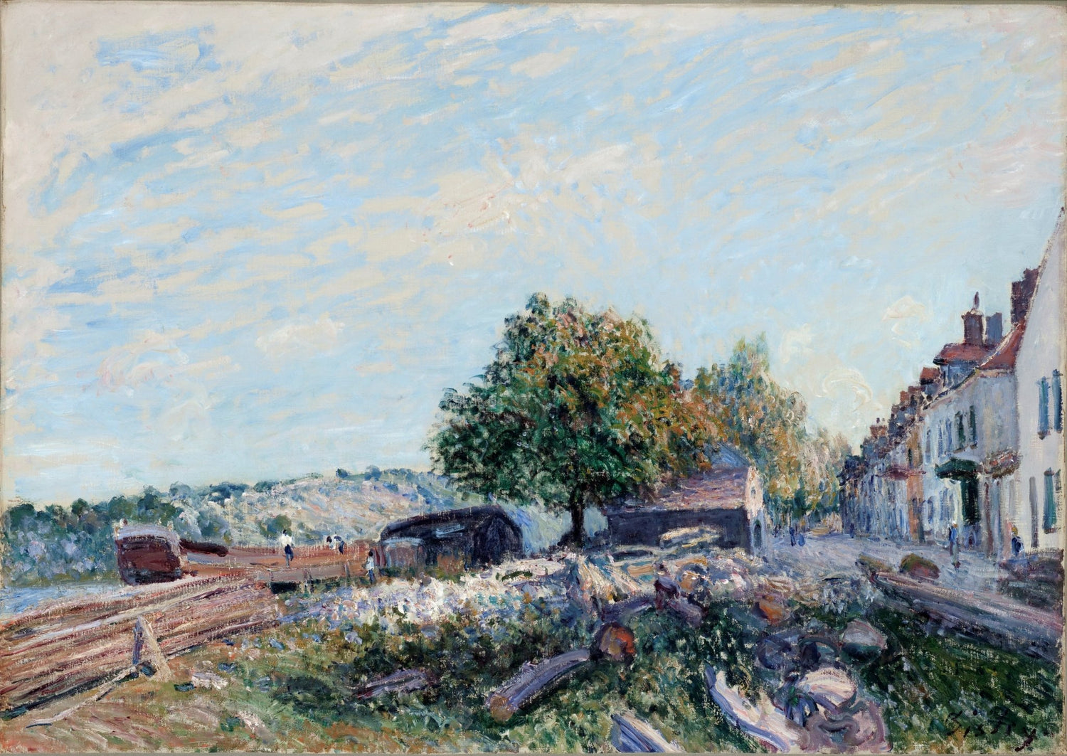 Sunny Village Street and Riverbank - Landscape Oil Painting - Oil Painting Haven