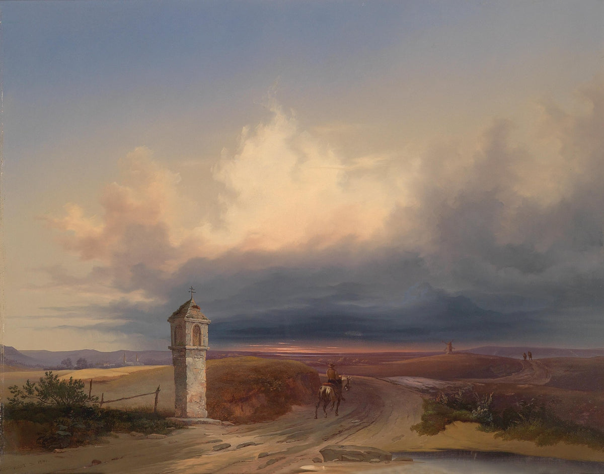 Landscape oil painting of a sunset country road with a small shrine, hand painted oil on canvas with textured brushwork and. - Add Frame, Canvas, Country, Figure, Hand Painted, Landscape, Made To Order, Oil Painting, Road, Sunset