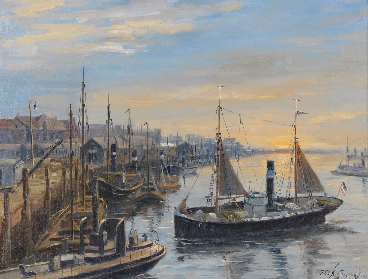 Hand-painted sunset harbor boats and dock nautical oil painting on canvas