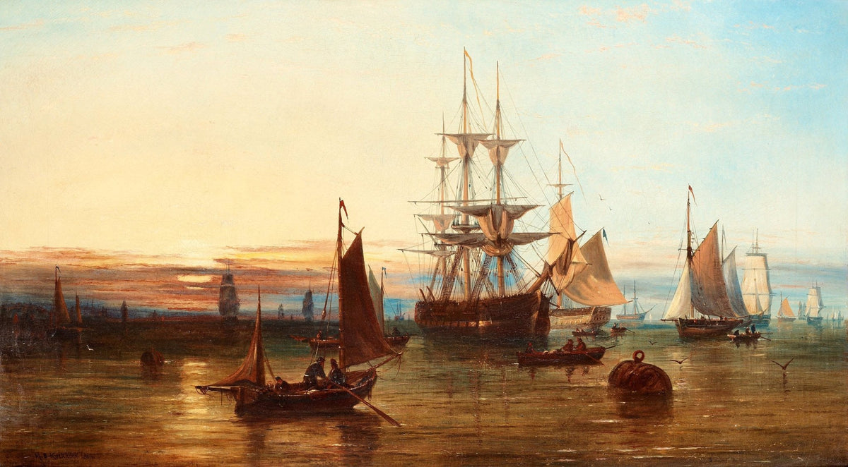 Hand-painted sunset harbor with sailing ships nautical oil painting on canvas