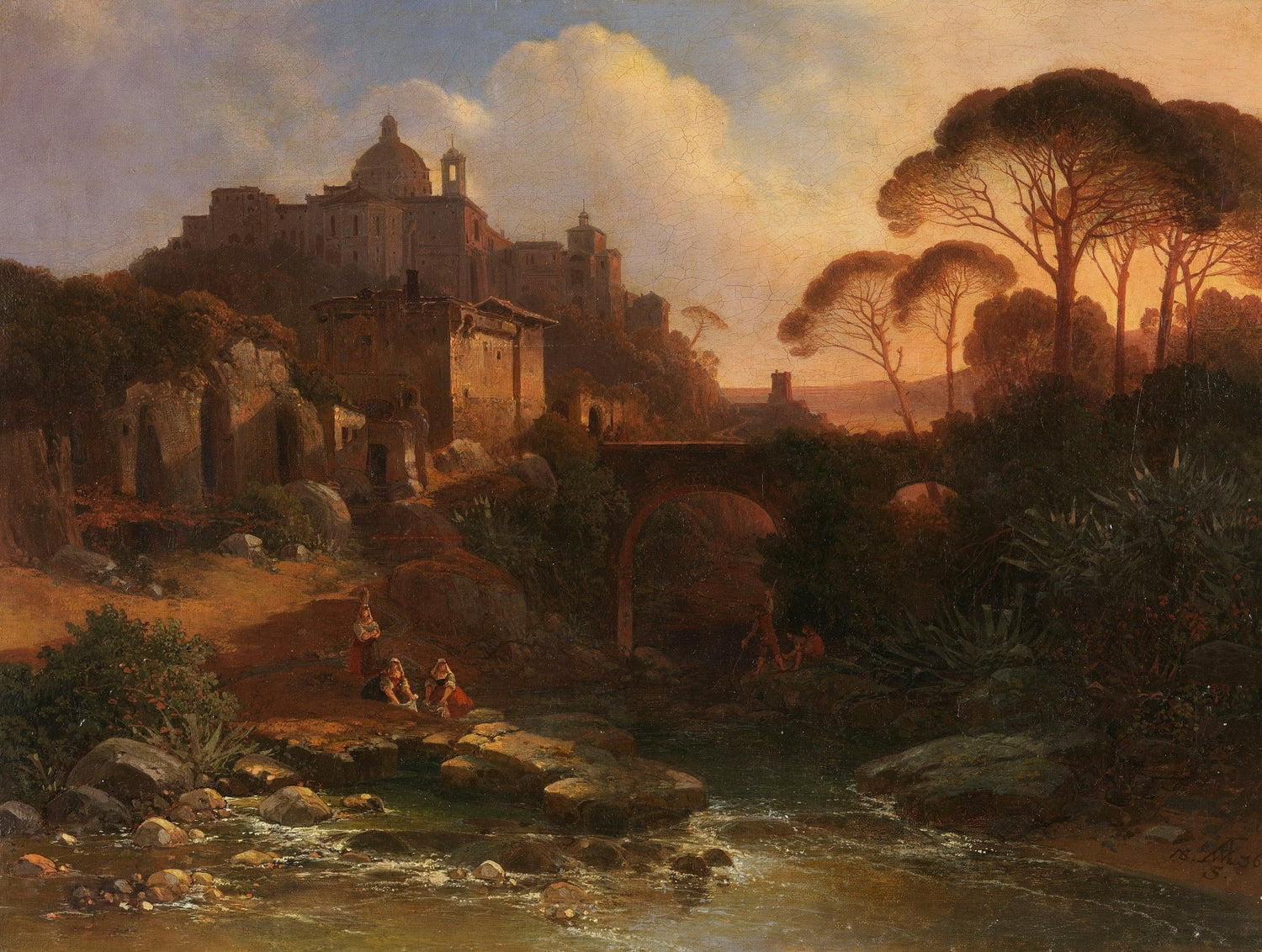 Sunset Landscape, Hilltop City, Bridge, River – Landscape Oil Painting - Oil Painting Haven