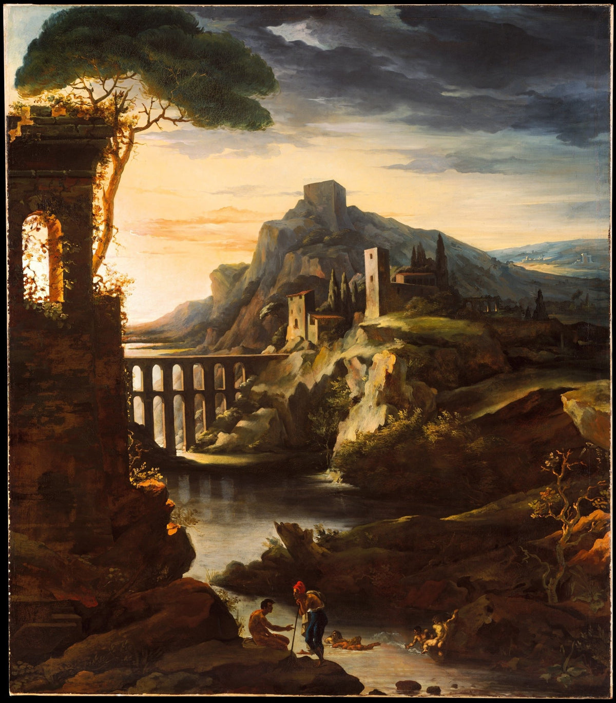 Hand painted landscape oil painting on canvas of sunset illuminating mountain village with aqueduct and textured brushwork. - Add Frame, Canvas, Hand Painted, Landscape, Made To Order, Mountain, Oil Painting, River, Sunset, Village