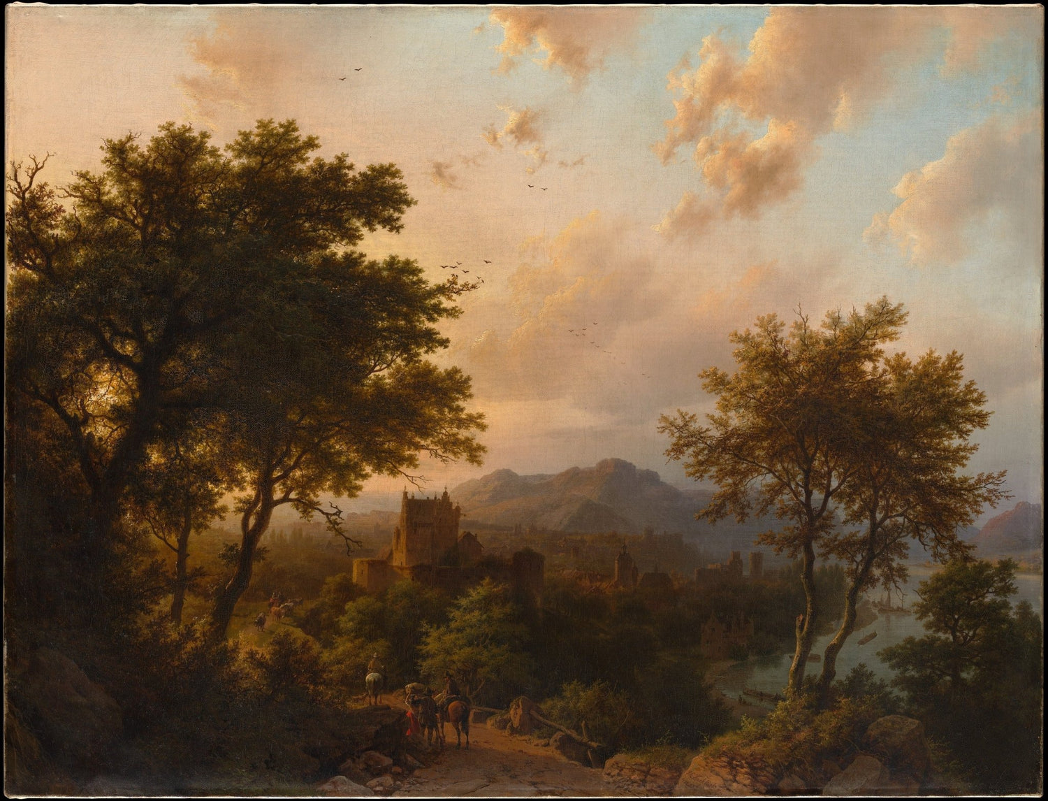 Landscape oil painting of a sunset over Rhine Valley with castle, textured brushwork on canvas, hand painted oil painting. - Add Frame, Architecture, Canvas, Castle, Hand Painted, Landscape, Made To Order, Mountain, Oil Painting, Sunset