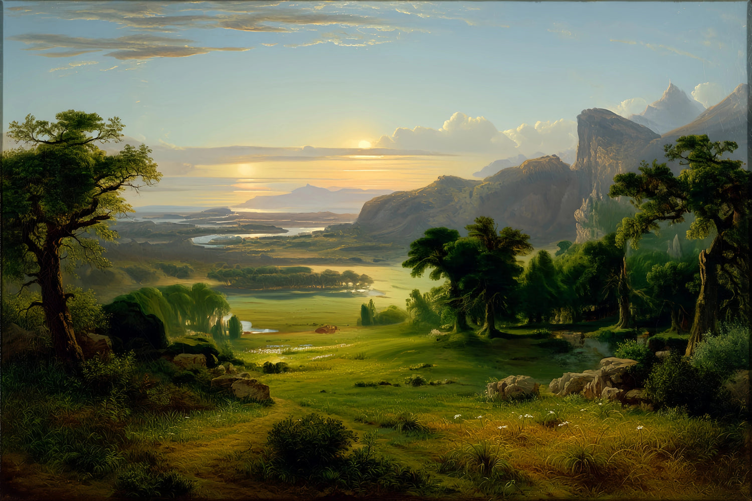 Sunset Valley Mountain River Original Oil Painting For Sale - Oil Painting Haven