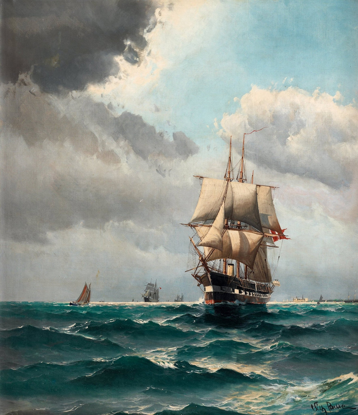 Hand-painted tall sailing ship on open sea nautical oil painting on canvas
