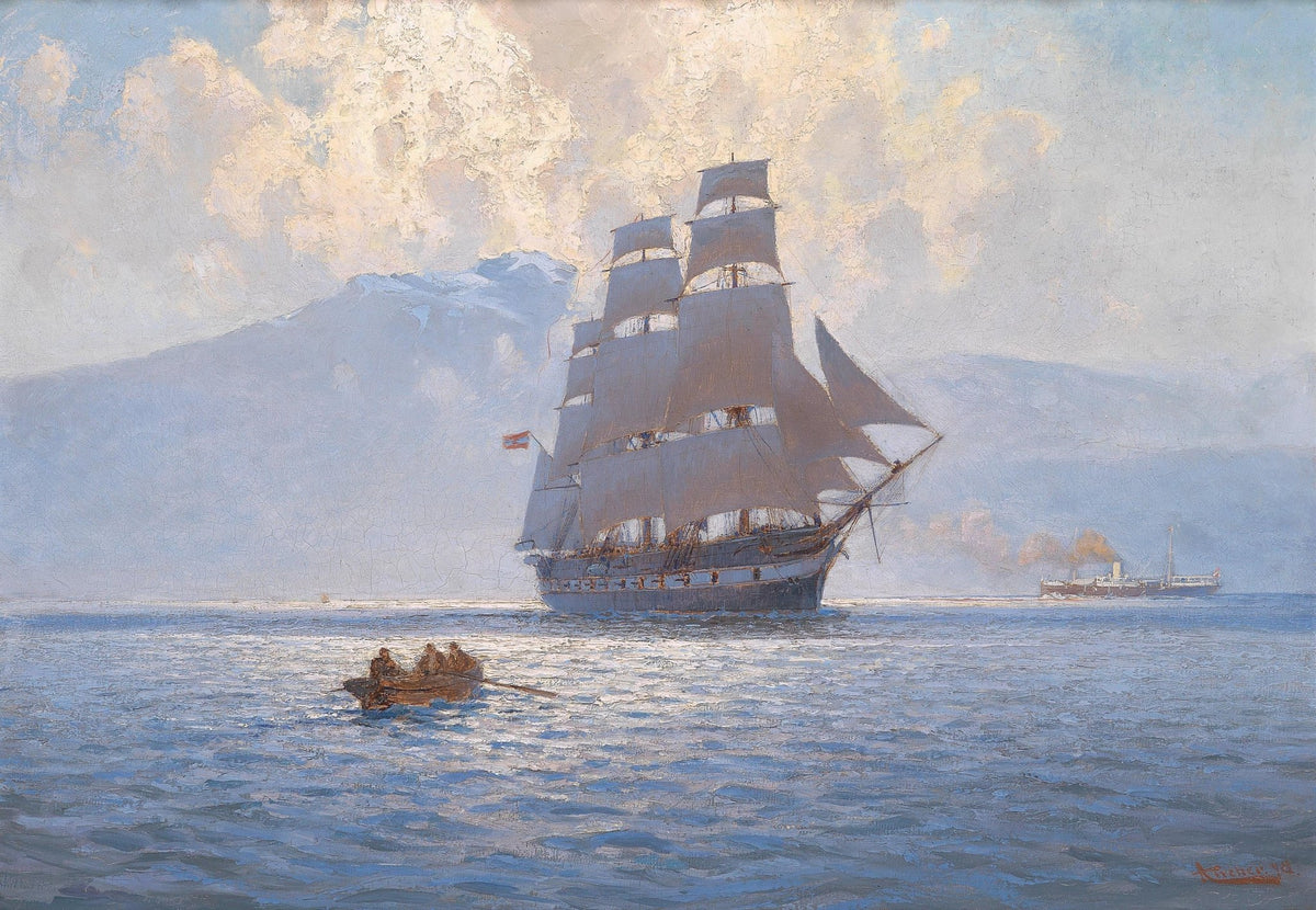 Hand-painted tall ship at sea with mountain view nautical oil painting on canvas