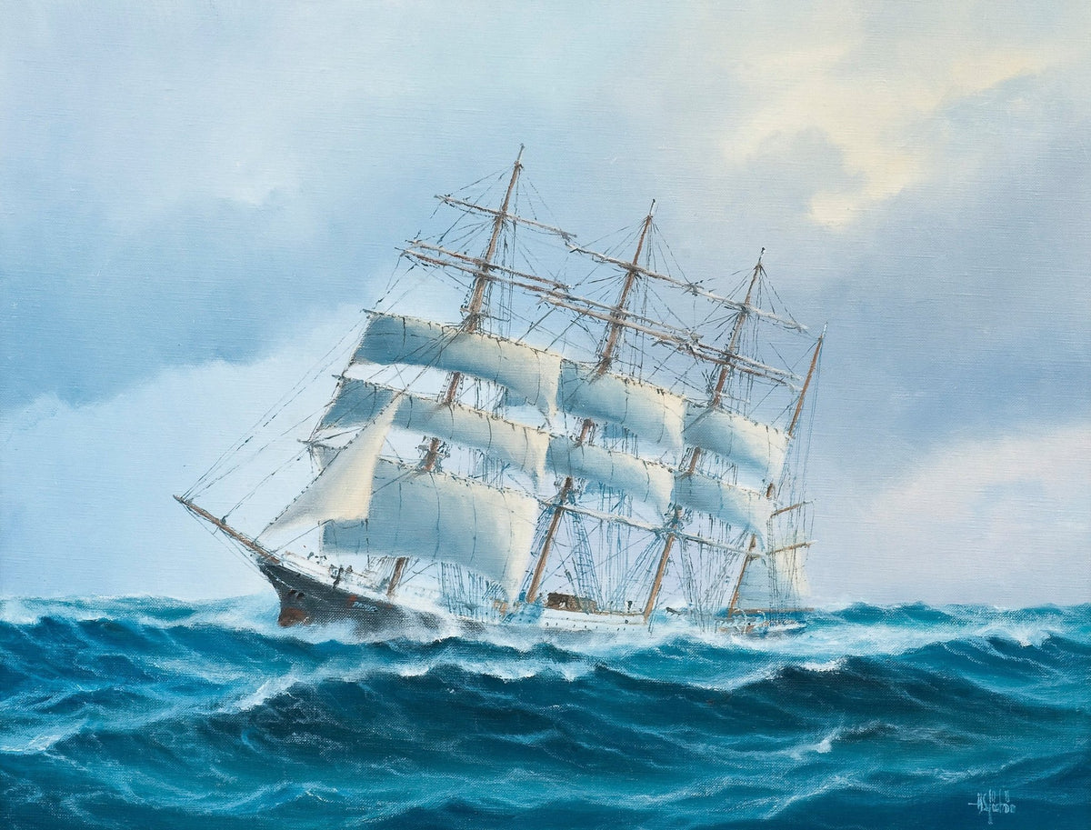 Hand-painted tall ship on rough seas nautical oil painting on canvas