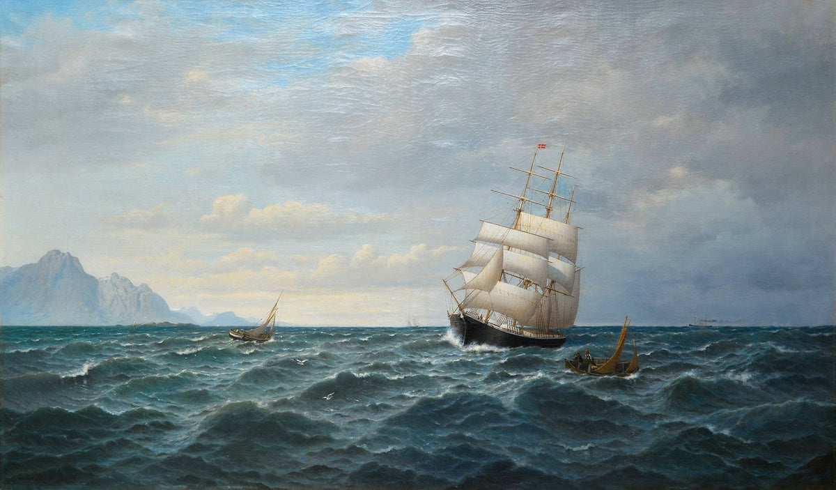 Hand-painted tall ship on windy coast nautical oil painting on canvas