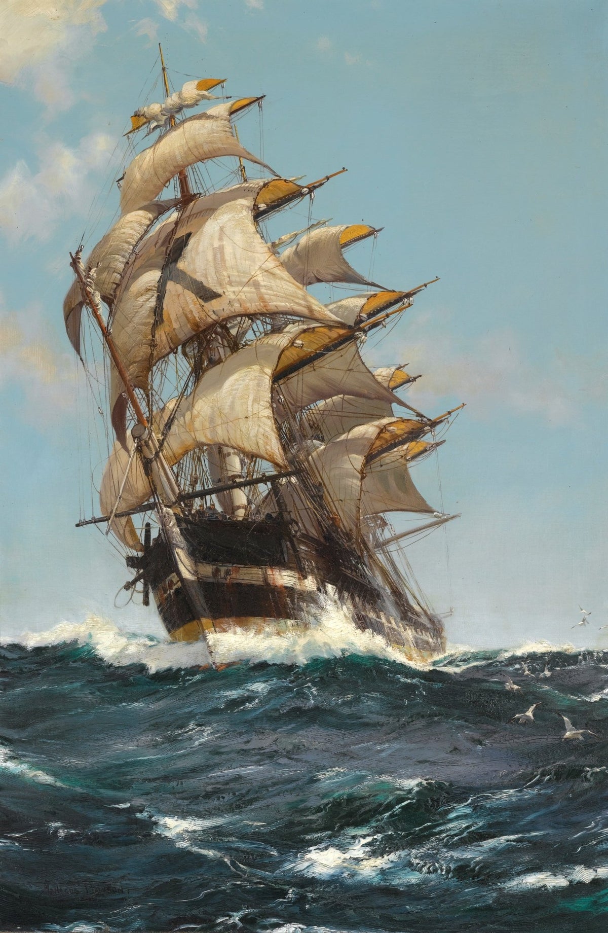 Hand-painted tall ship with full sails on blue sea nautical oil painting on canvas