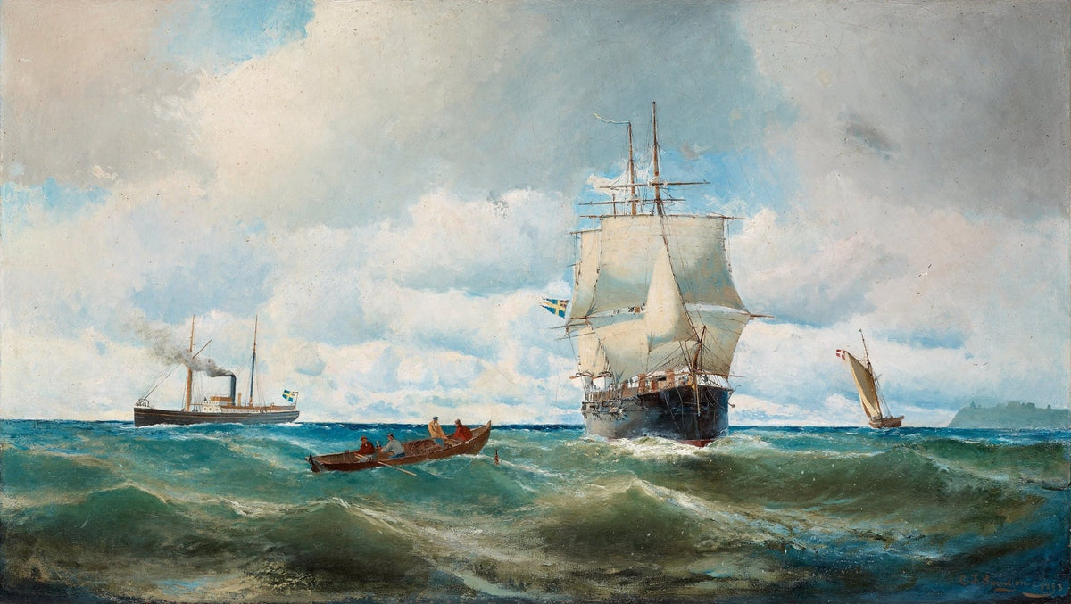 Hand-painted tall ships in rolling seas nautical oil painting on canvas