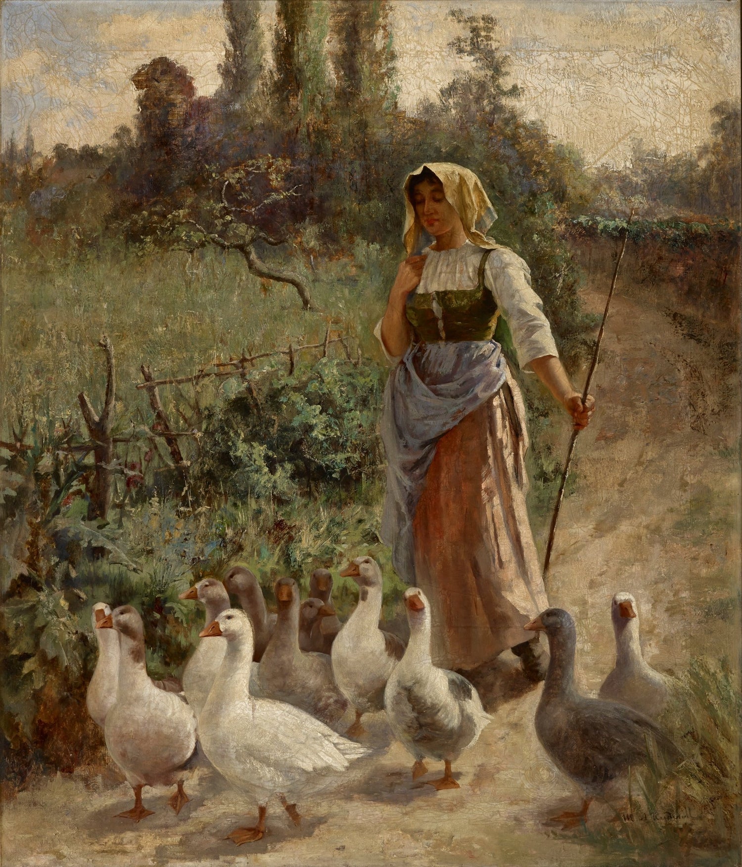 The Goose Girl – Hand - Painted Rustic Countryside Oil Painting - Oil Painting Haven