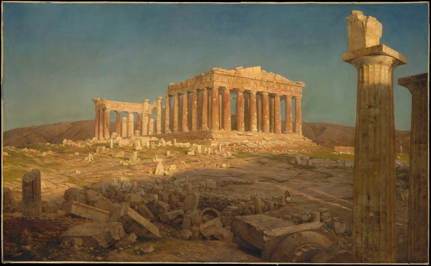 Hand painted oil on canvas landscape oil painting of golden light on Parthenon ruins with textured brushwork and warm sunset . - Add Frame, Architecture, Canvas, Hand Painted, Landscape, Made To Order, Oil Painting, Sunset