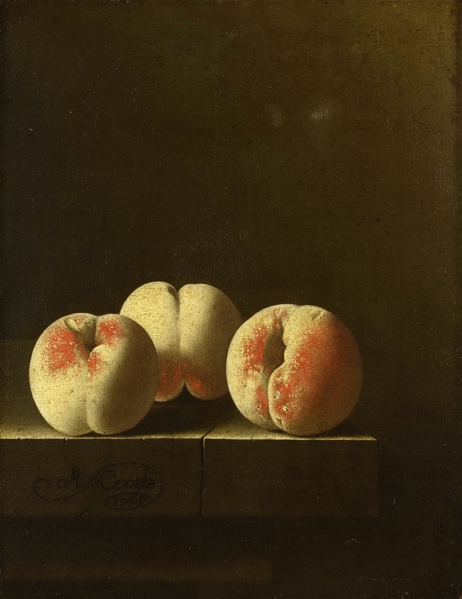 Three Peaches on a Stone Ledge - Still Life Oil Painting - Oil Painting Haven