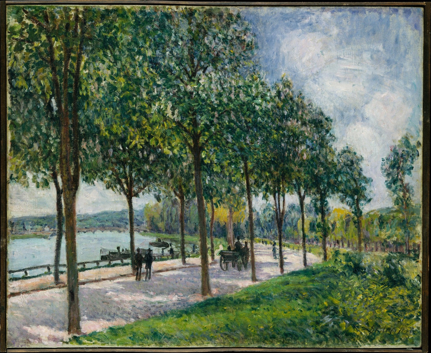 Landscape oil painting of a tree-lined riverside promenade in summer, hand painted oil on canvas with textured brushwork. - Add Frame, Canvas, Figure, Forest, Hand Painted, Landscape, Made To Order, Oil Painting, River