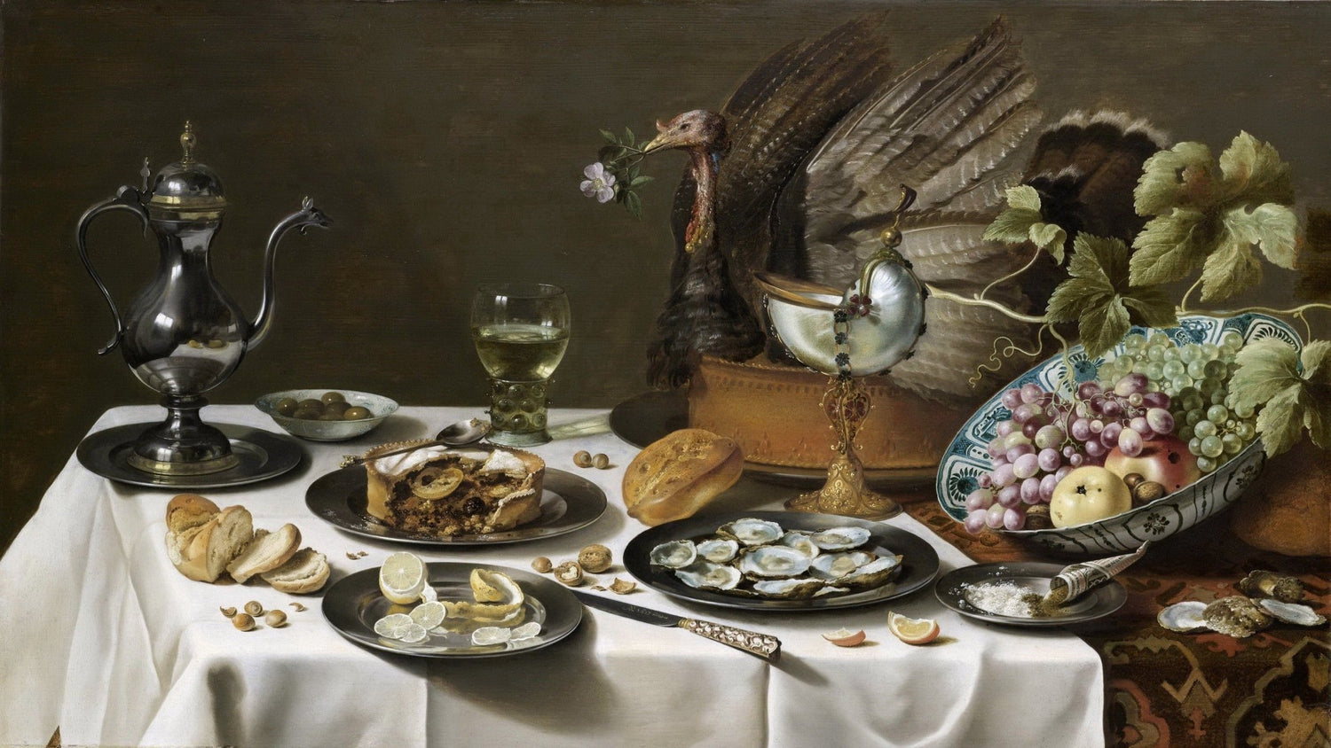 Turkey, Grapes and Oysters Banquet - Still Life Oil Painting - Oil Painting Haven