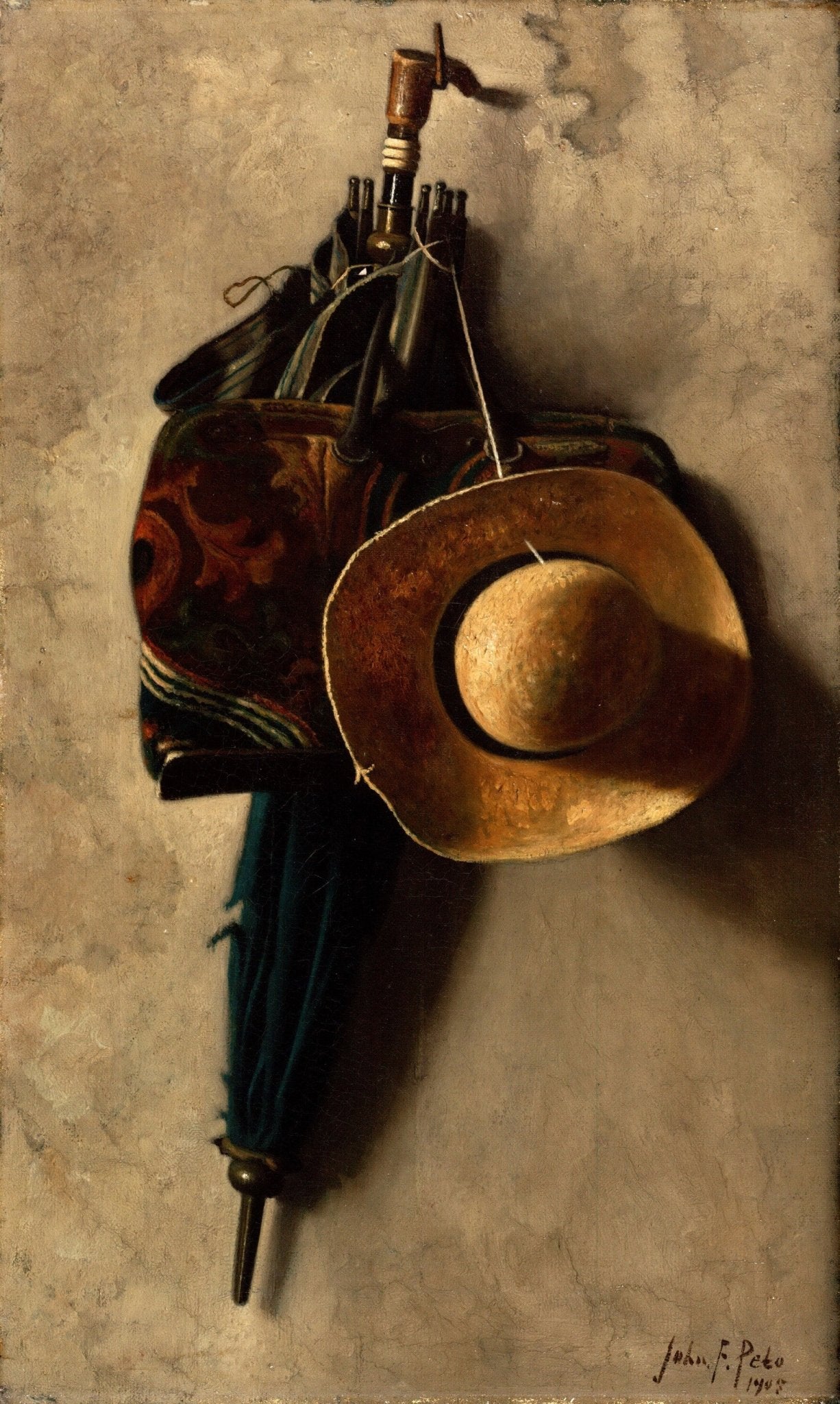 Umbrella and Straw Hat on Wall - Still Life Oil Painting - Oil Painting Haven