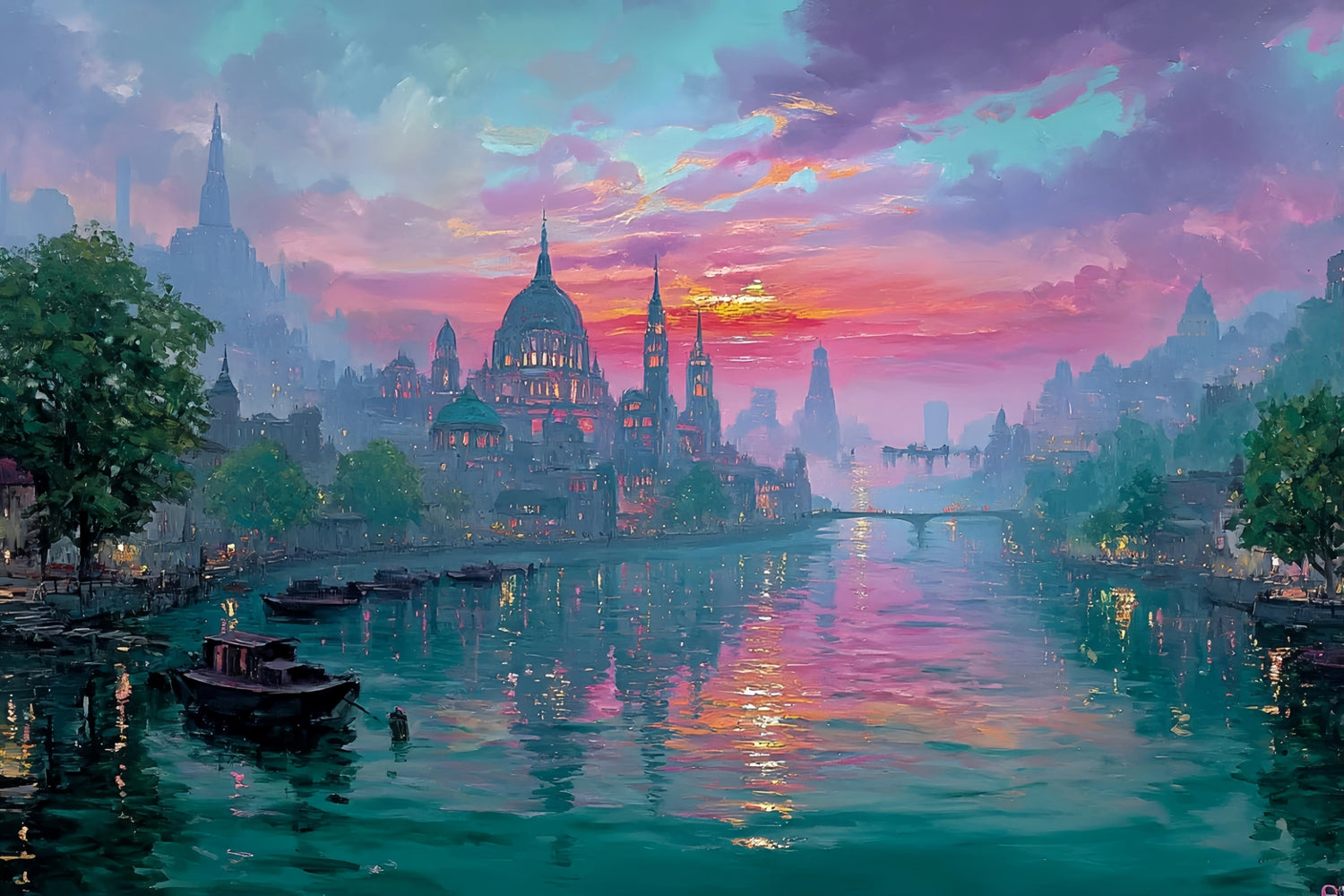 Urban Sunset River Original Oil Painting For Sale | Cityscape Art - Oil Painting Haven