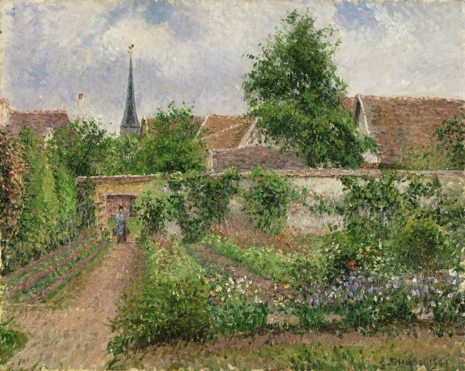 Landscape oil painting of a lush vegetable garden with tall green plants and flowers, rustic village rooftops and a church. - Add Frame, Canvas, Country, Floral, Forest, Garden, Hand Painted, Landscape, Made To Order, Oil Painting, Village