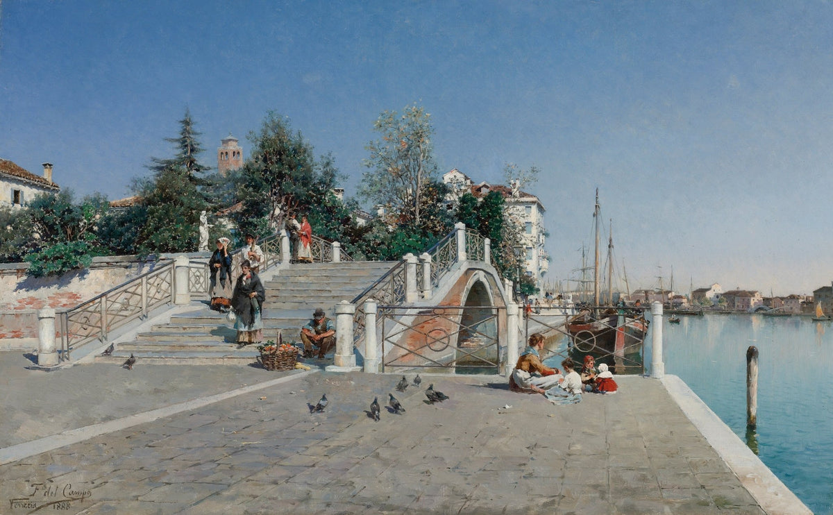 Hand painted landscape oil painting of Venetian canal with arched stone bridge, figures near water, boats in background, and . - Add Frame, Architecture, Boat, Canal, Canvas, Figure, Hand Painted, Landscape, Made To Order, Oil Painting, Venice