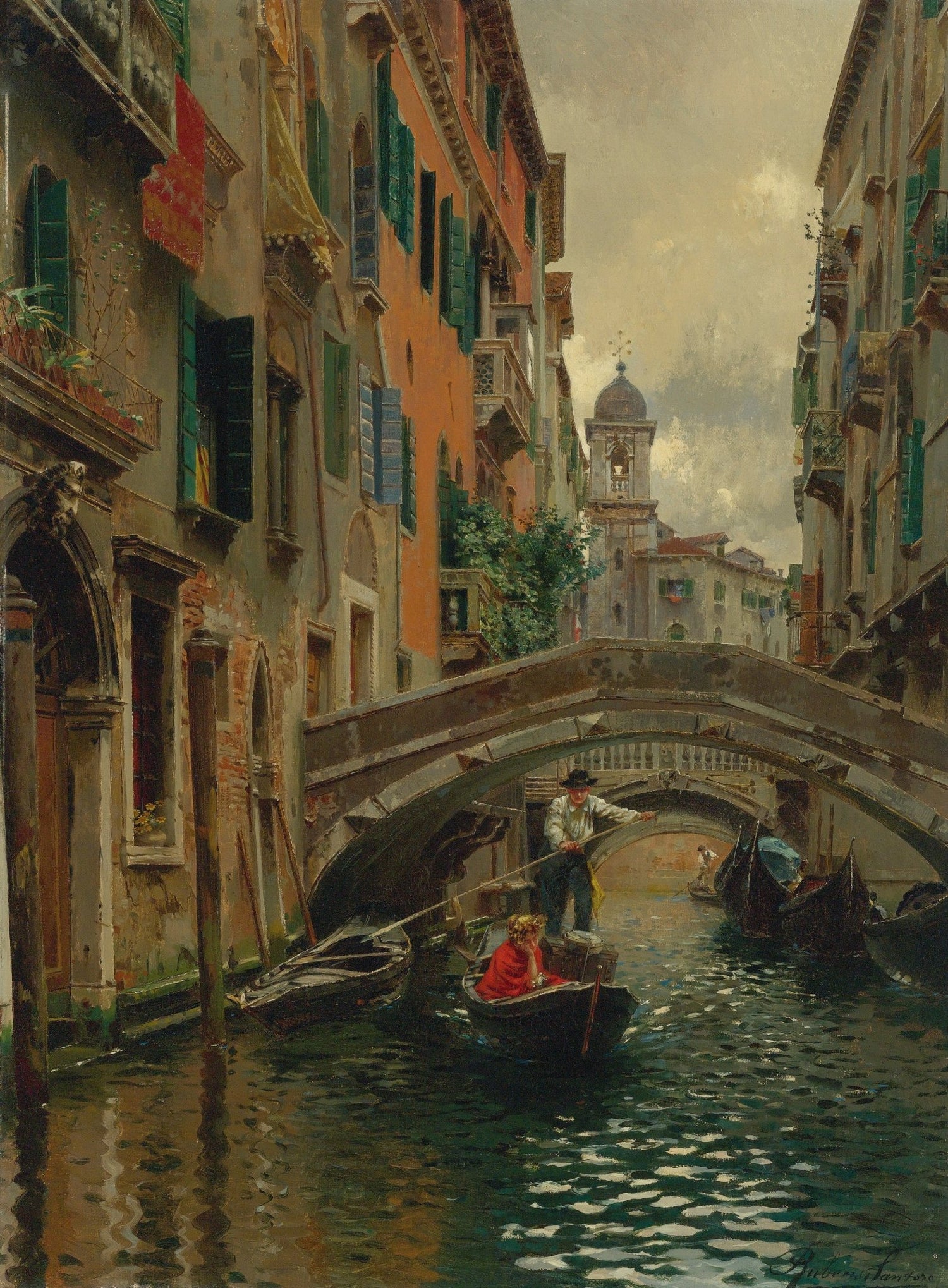 Venetian Canal Under Stone Bridge with Boats – Landscape Oil Painting - Oil Painting Haven