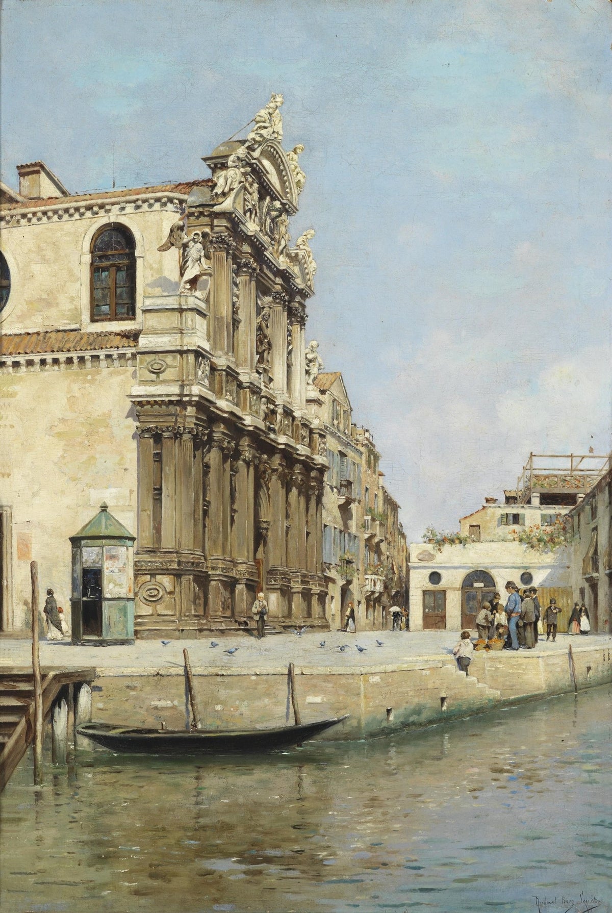 Landscape oil painting of Venetian canal with baroque church, textured brushwork on oil on canvas, hand painted oil painting. - Add Frame, Architecture, Boat, Canal, Canvas, Church, Hand Painted, Landscape, Made To Order, Oil Painting, Venice