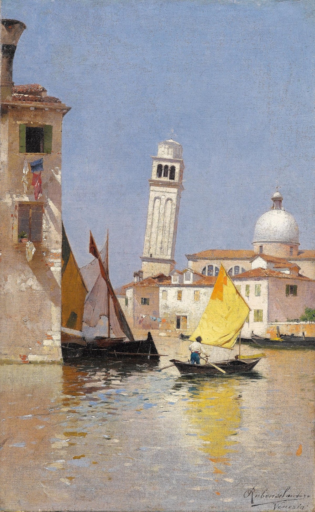 Landscape oil painting of a Venetian canal with boats, featuring a yellow sailboat and textured brushwork on oil on canvas. - Add Frame, Architecture, Boat, Canal, Canvas, Hand Painted, Lake, Landscape, Made To Order, Oil Painting, Venice