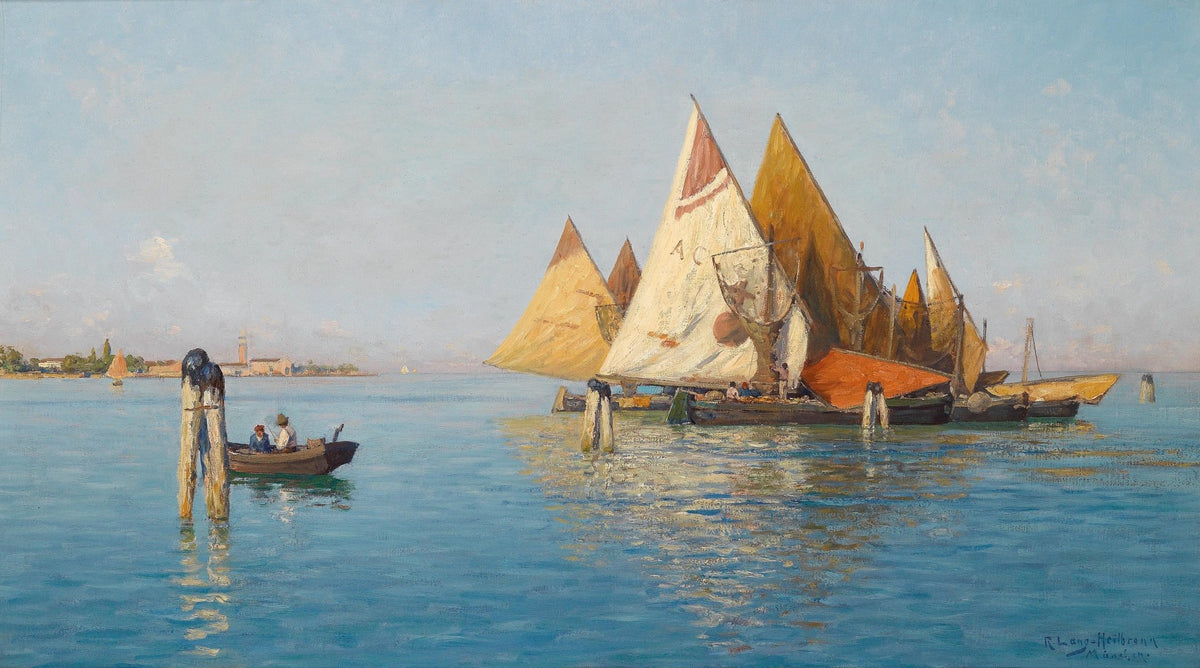Hand-painted Venetian sailboats in calm lagoon nautical oil painting on canvas
