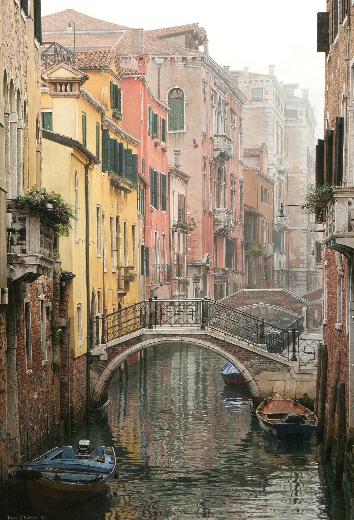 Landscape oil painting of Venice canal with stone bridge, colorful houses, boats, and textured brushwork on canvas. - Add Frame, Architecture, Boat, Canal, Canvas, Hand Painted, Landscape, Made To Order, Oil Painting, Venice