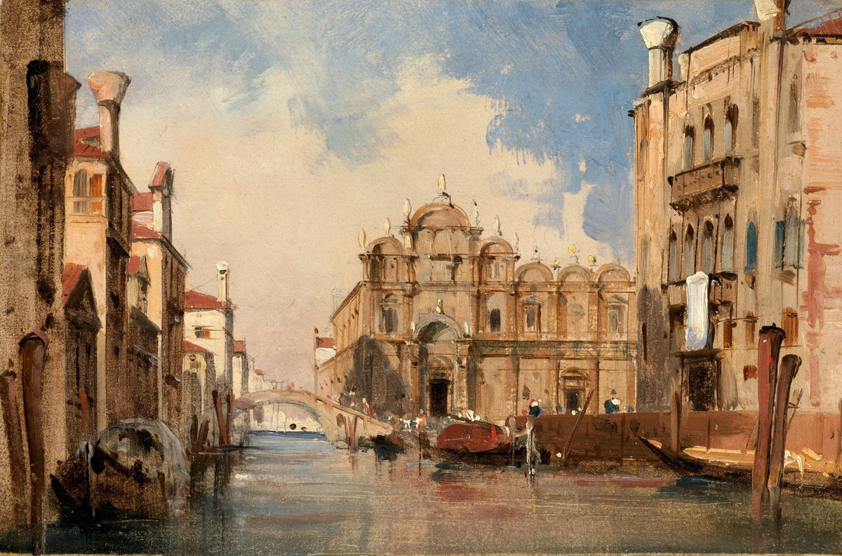 Hand painted landscape oil painting of Venice canal with church and bridge, textured brushwork on canvas. - Add Frame, Architecture, Boat, Canal, Canvas, Church, Hand Painted, Landscape, Made To Order, Oil Painting, Venice