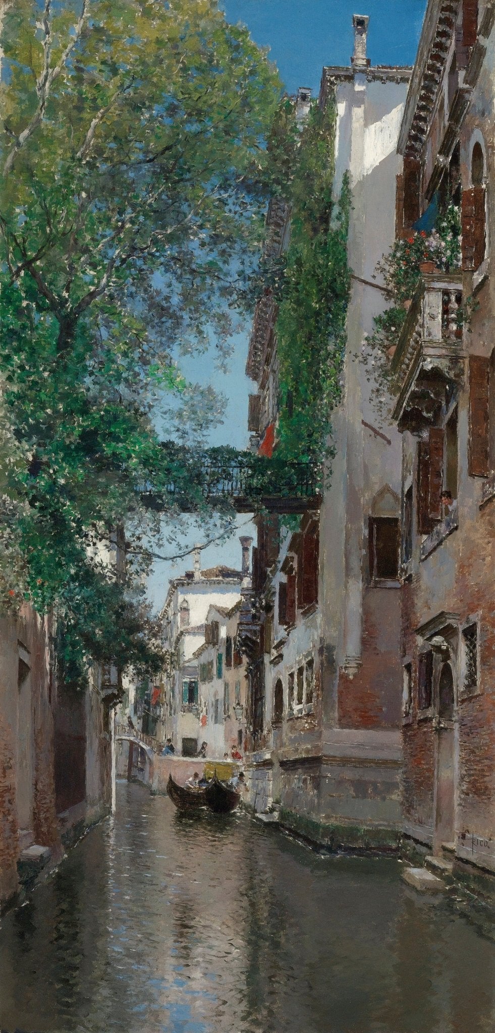 Landscape oil painting of a Venice canal with a gondola gliding under an arching tree, sunlit historic buildings on both. - Add Frame, Architecture, Boat, Canal, Canvas, Hand Painted, Landscape, Made To Order, Oil Painting, Venice