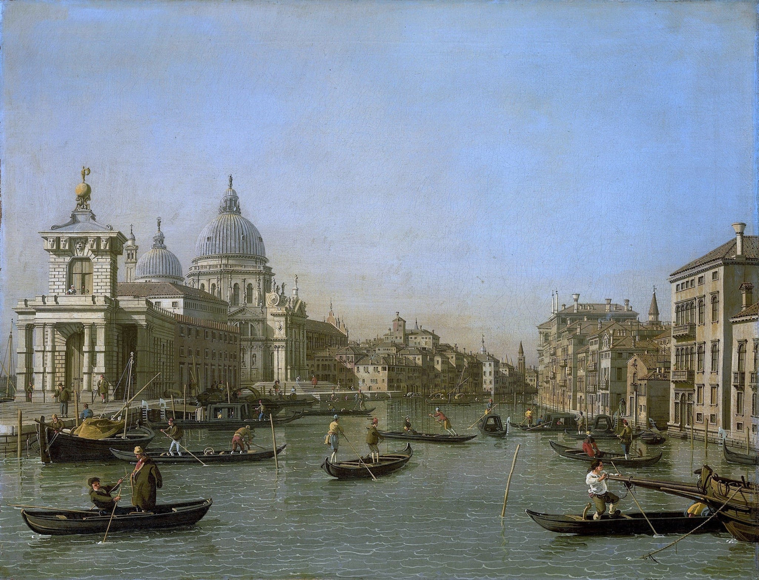 Hand painted oil on canvas landscape oil painting of Venice Grand Canal with boats and historic buildings under a clear blue . - Add Frame, Boat, Canal, Canvas, Hand Painted, Landscape, Made To Order, Oil Painting, Venice