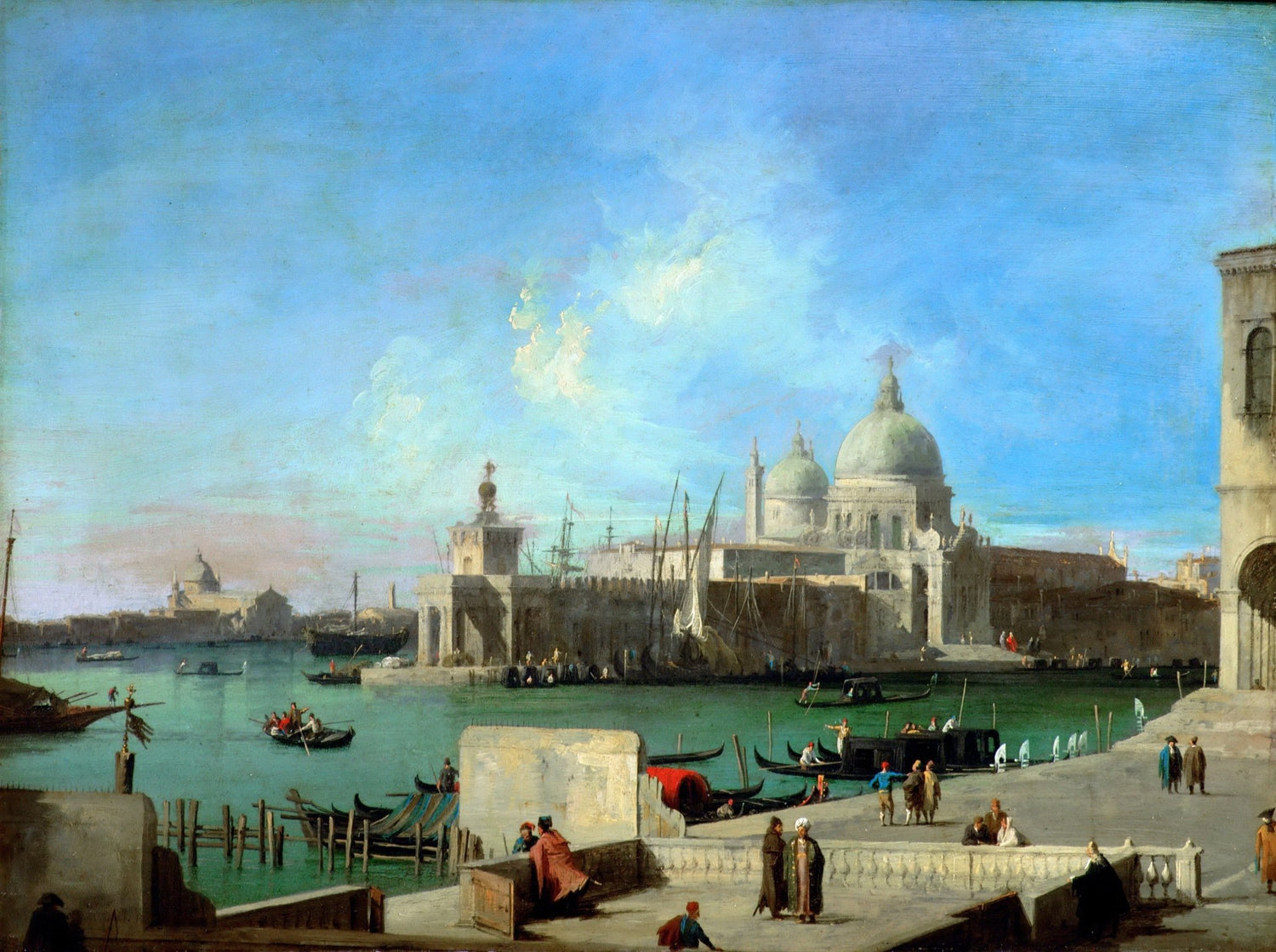 Landscape oil painting of Venice canal with Santa Maria della Salute church under blue sky, textured brushwork on oil on. - Add Frame, Boat, Canal, Canvas, Hand Painted, Landscape, Made To Order, Oil Painting, Venice