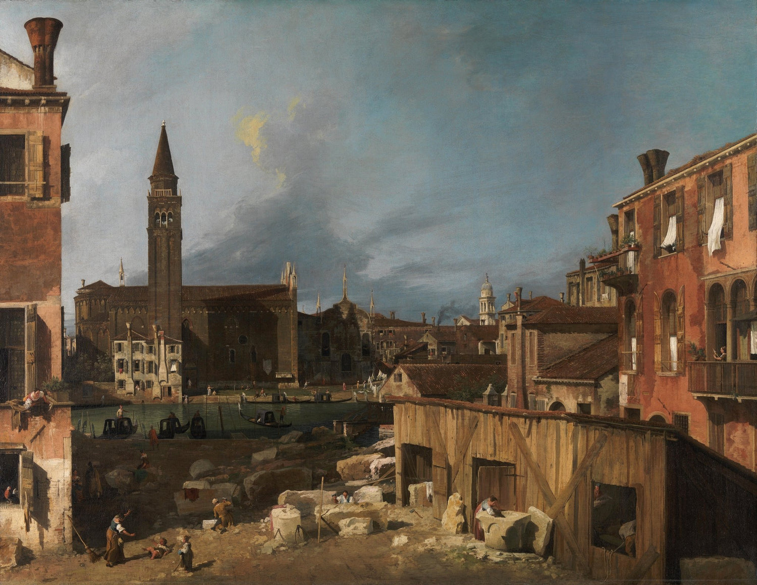 Landscape oil painting of Venice Stonemason’s Yard with canal, boats, and historic architecture in textured brushwork oil on . - Add Frame, Architecture, Boat, Canal, Canvas, Hand Painted, Landscape, Made To Order, Oil Painting, Venice