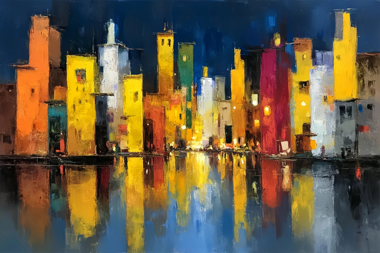 Vibrant Cityscape Reflection Original Oil Painting For Sale - Oil Painting Haven