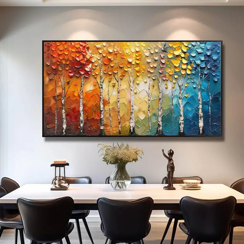 Vibrant Multicolor Birch Trees Oil Painting - Oil Painting Haven
