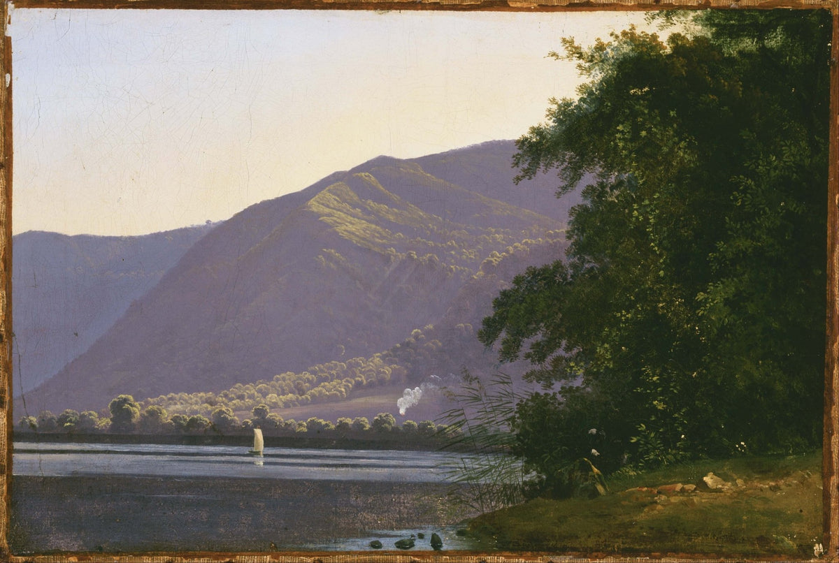 Landscape oil painting of Lake Nemi with textured brushwork, mountains in sunlight, and lush trees by shore, oil on canvas. - Add Frame, Canvas, Coastal, Hand Painted, Lake, Landscape, Made To Order, Mountain, Oil Painting