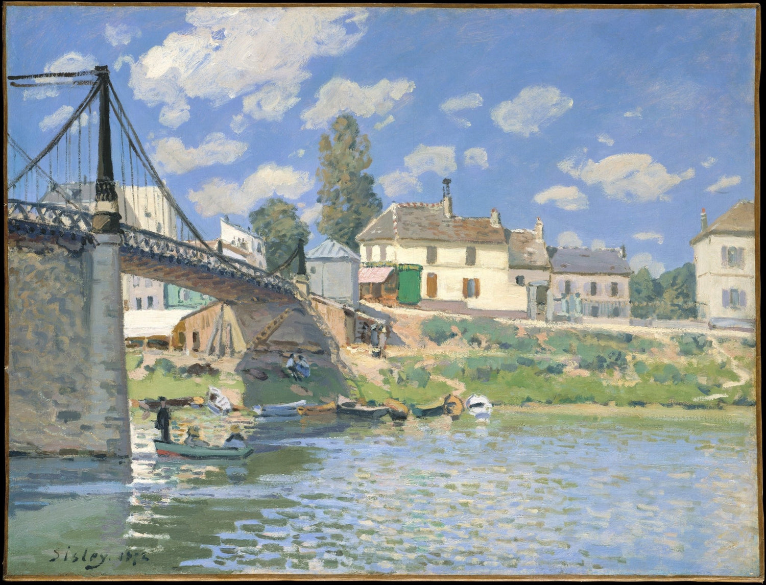 Landscape oil painting of a village with a stone bridge over a river, boats docked by the water, and houses under a bright. - Add Frame, Architecture, Boat, Canvas, Hand Painted, Landscape, Made To Order, Oil Painting, River, Village