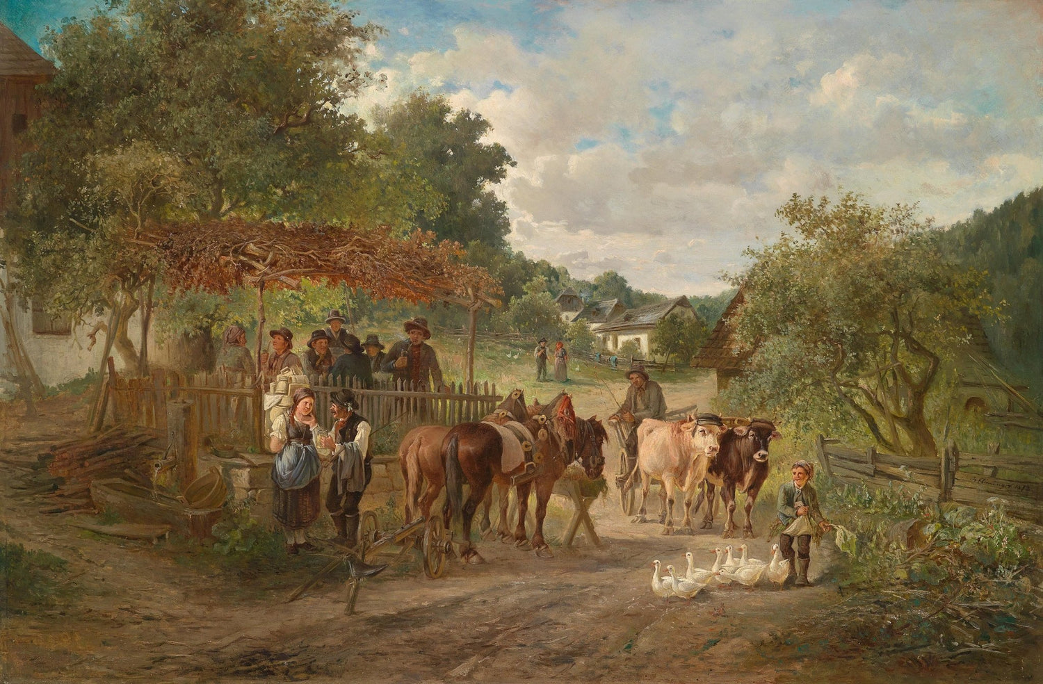 Village Farmers with Horse Cart and Geese - People Oil Painting - Oil Painting Haven