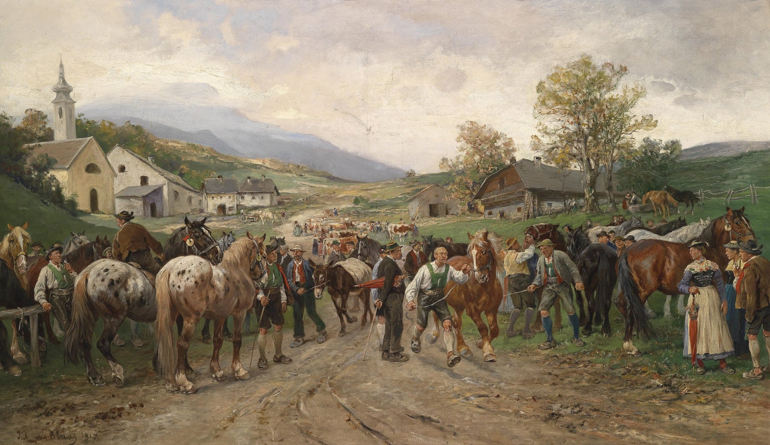 Village Horse Market with Farmers - People Oil Painting - Oil Painting Haven