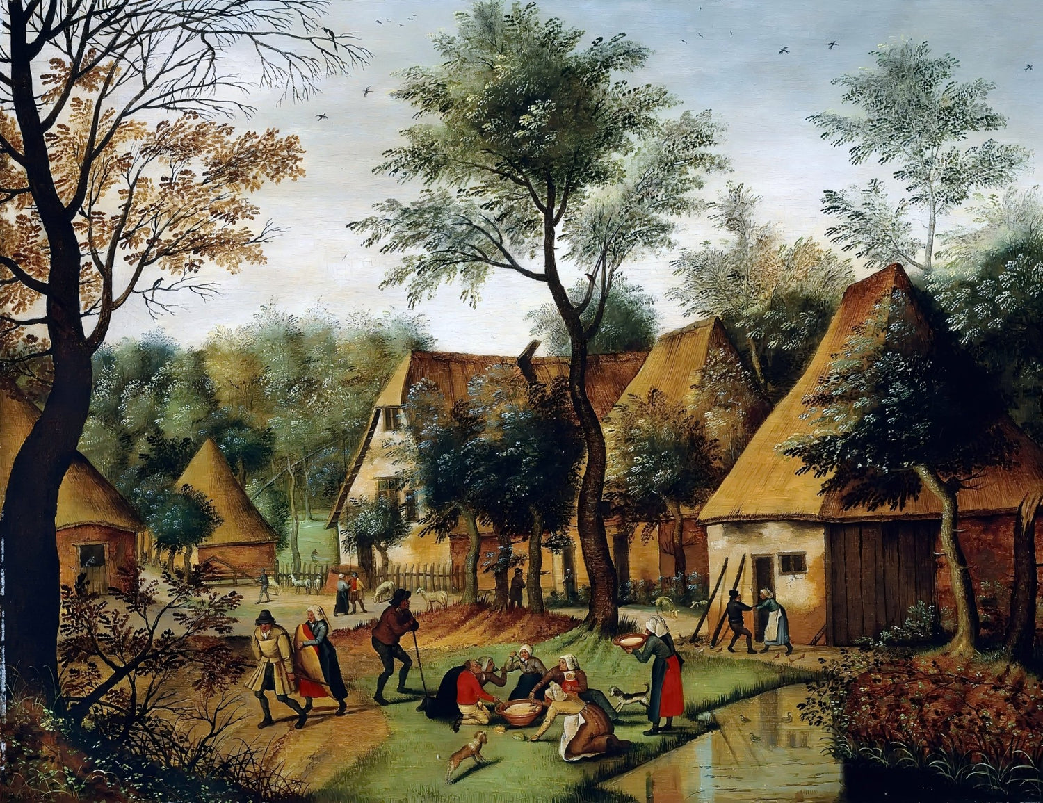 Village Life Among Trees and Cottages - People Oil Painting - Oil Painting Haven