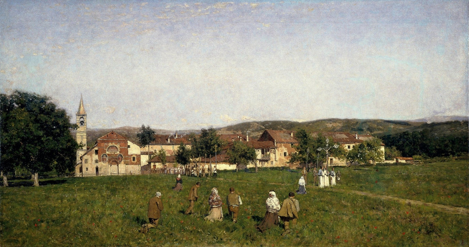 Landscape oil painting of a village procession across a green field with textured brushwork, oil on canvas, hand painted. - Add Frame, Architecture, Canvas, Church, Country, Field, Hand Painted, Landscape, Made To Order, Mountain, Oil Painting, Village