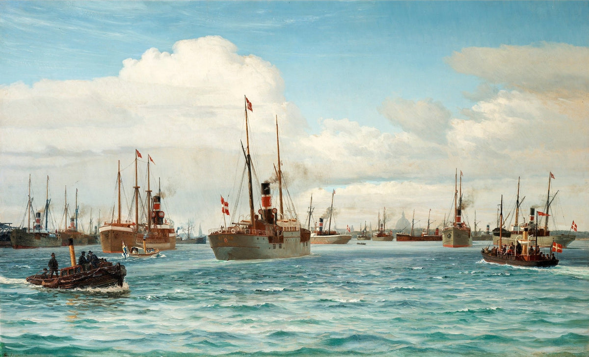Hand-painted vintage steamships in busy harbor nautical oil painting on canvas