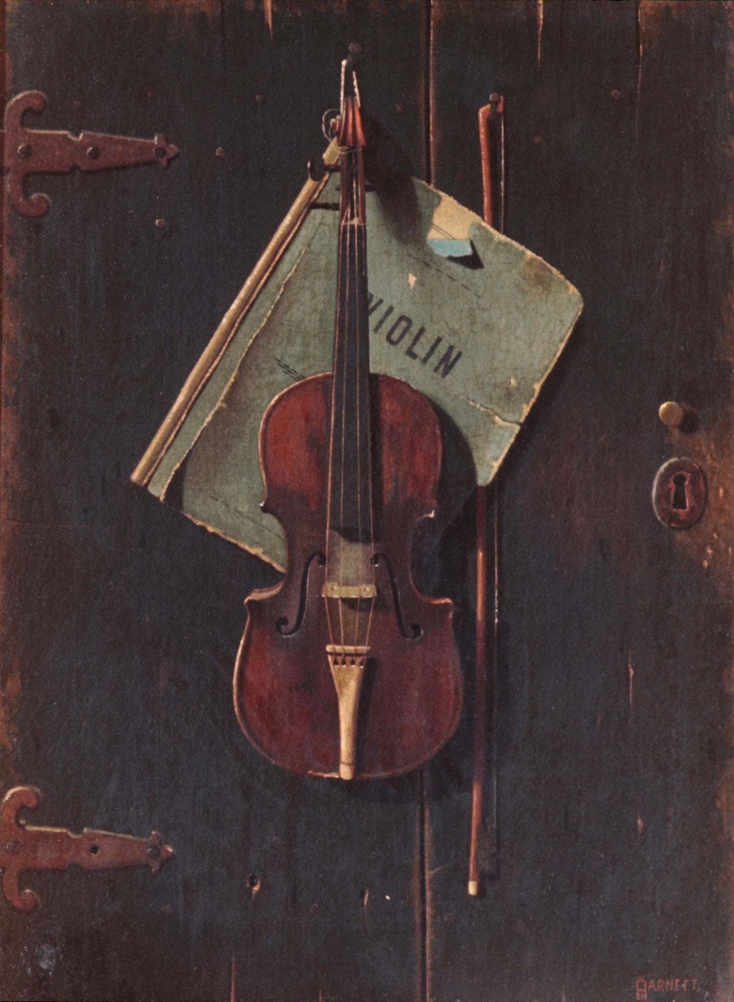 Violin and Sheet Music on Wooden Door - Still Life Oil Painting - Oil Painting Haven