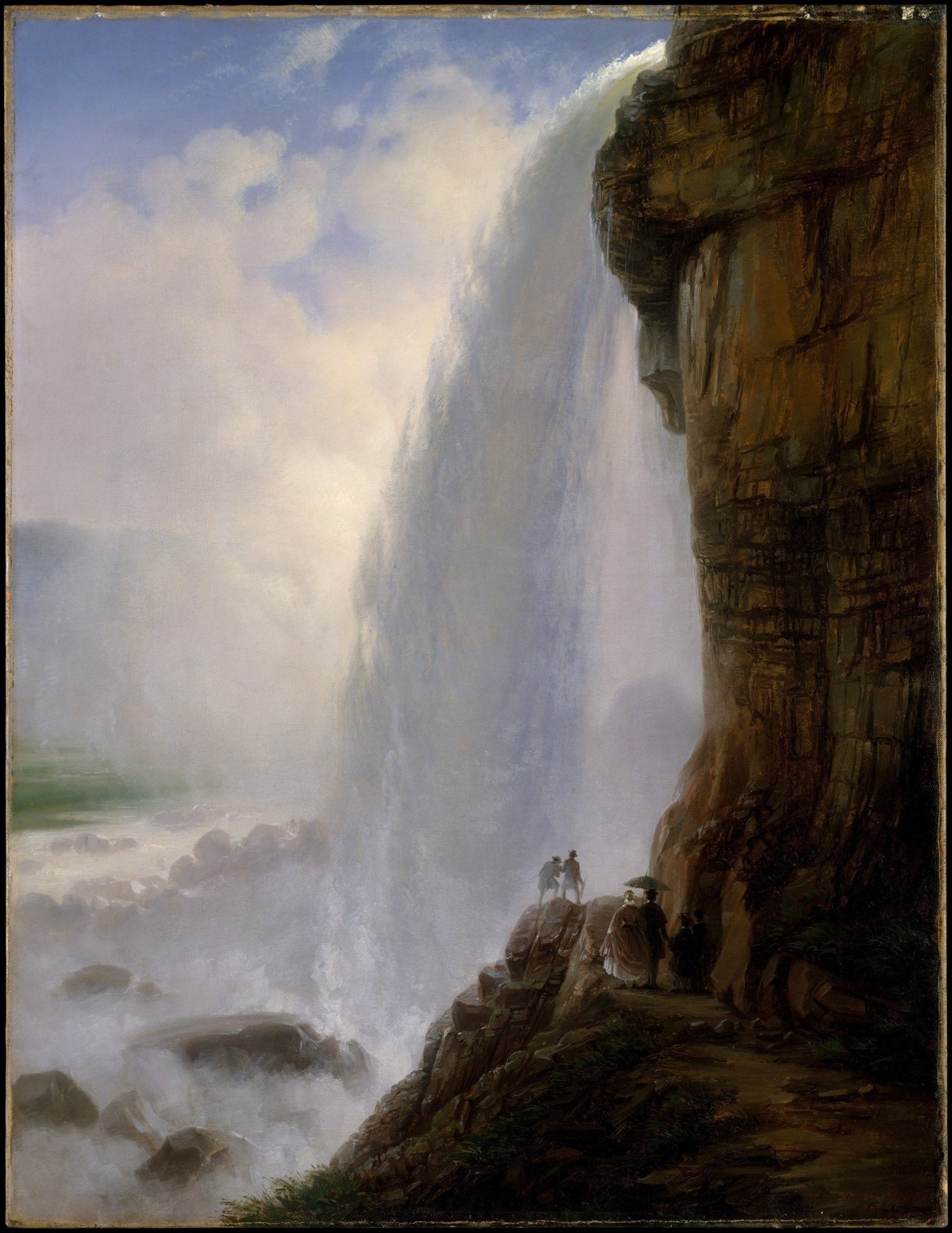 Landscape oil painting of Niagara Falls with cascading water, towering cliff, and visitors on rocky foreground, hand painted . - Add Frame, Canvas, Hand Painted, Landscape, Made To Order, Oil Painting, Waterfall