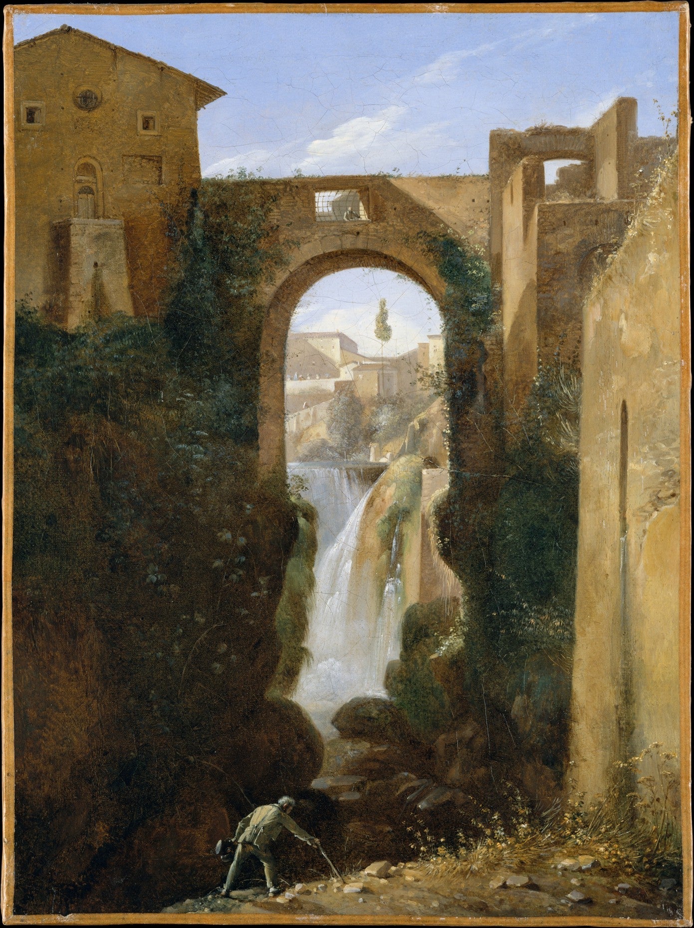 Hand painted oil on canvas landscape oil painting of a waterfall beneath an ancient stone bridge with textured brushwork and . - Add Frame, Architecture, Canvas, Hand Painted, Landscape, Made To Order, Oil Painting, Waterfall