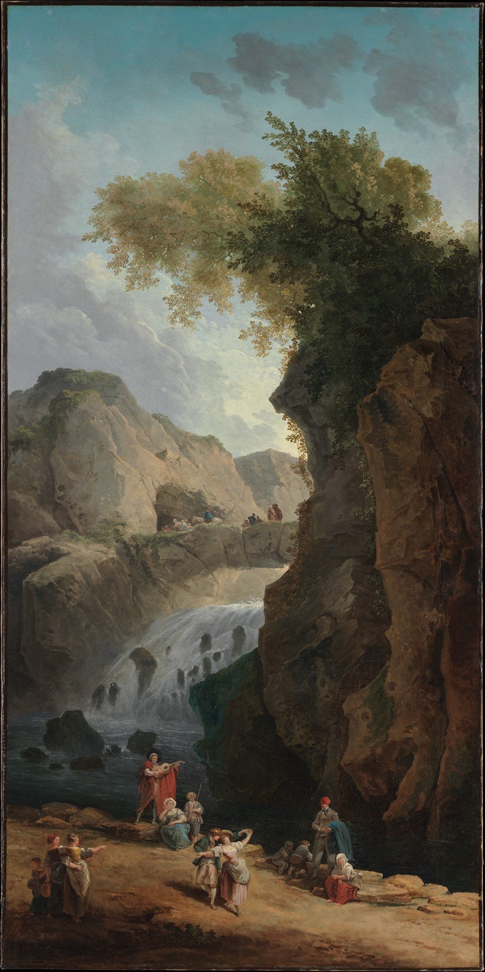 Hand painted landscape oil painting on canvas showing a waterfall gorge with textured brushwork, figures crossing a rustic. - Add Frame, Architecture, Canvas, Figure, Hand Painted, Landscape, Made To Order, Oil Painting, Waterfall